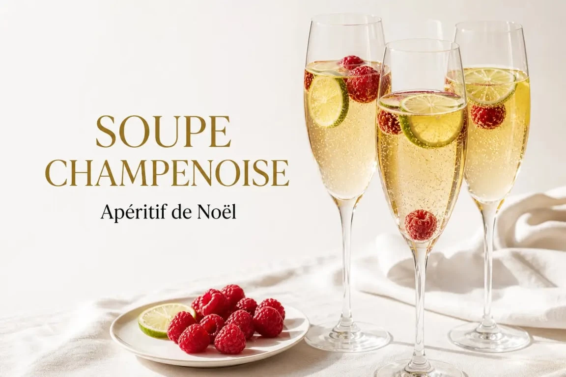 Recette champenoise servie en flûtes avec citron vert et framboises