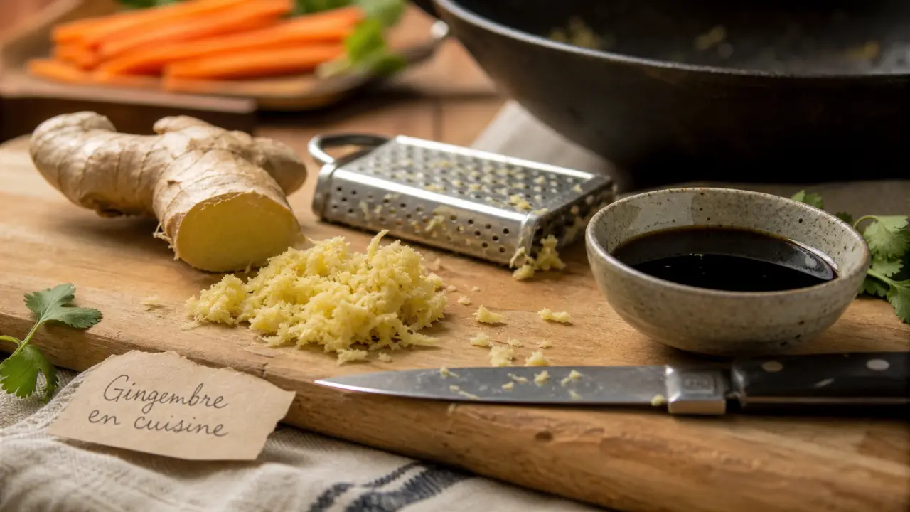 Gingembre cuisine frais râpé, gingembre cuisine en préparation