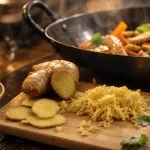 Gingembre cuisine frais râpé sur table bois, prêt à cuisiner