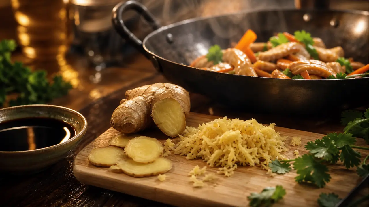 Gingembre cuisine frais râpé sur table bois, prêt à cuisiner