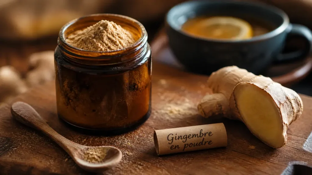 Gros plan gingembre en poudre dans un pot en verre, cuillère en bois et rhizome.