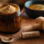 Gros plan gingembre en poudre dans un pot en verre, cuillère en bois et rhizome.