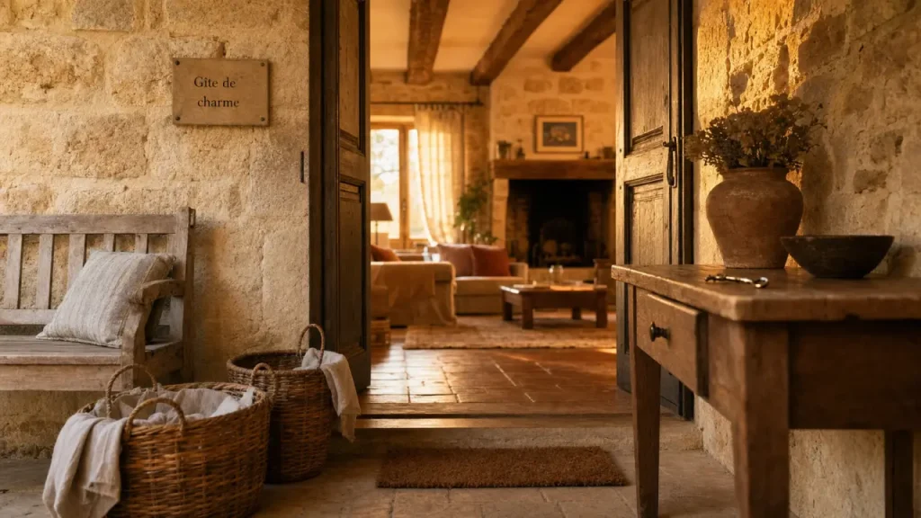 Entrée d’un gîte de charme en pierre ancienne, porte et salon chaleureux