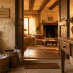 Entrée d’un gîte de charme en pierre ancienne, porte et salon chaleureux