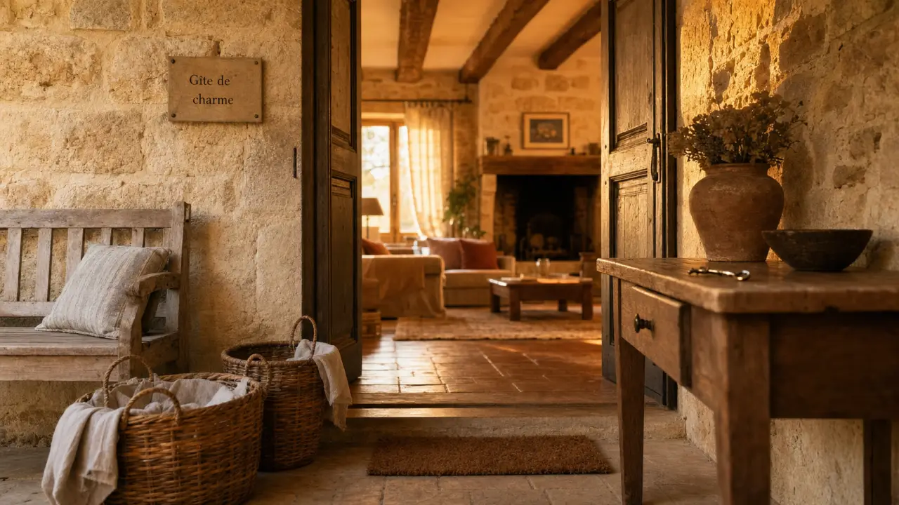 Entrée d’un gîte de charme en pierre ancienne, porte et salon chaleureux