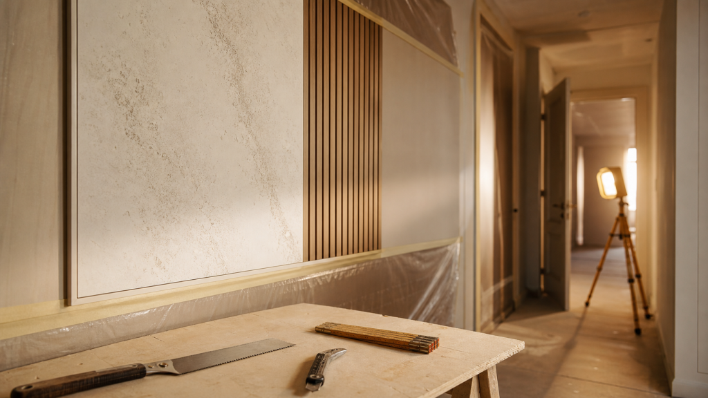 Habillage mur intérieur en PVC et bois pour couloir en rénovation