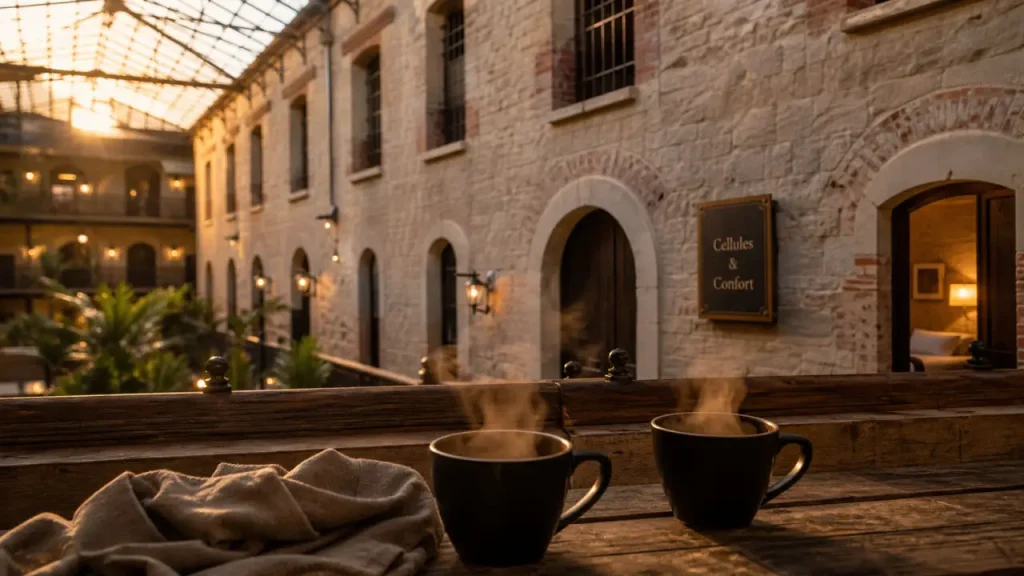 Hotel original en France : ancienne prison réhabilitée, entrée et terrasse au golden hour