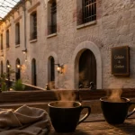 Hotel original en France : ancienne prison réhabilitée, entrée et terrasse au golden hour