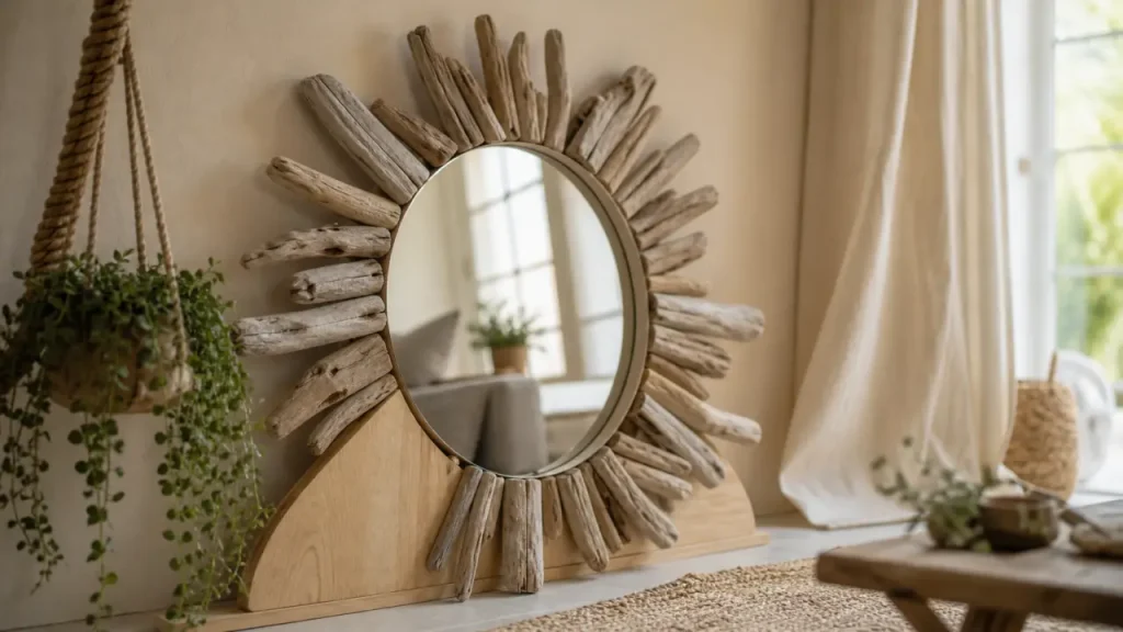 Idées déco bois flotté ambiance nature : miroir rond avec bois flotté blanchi