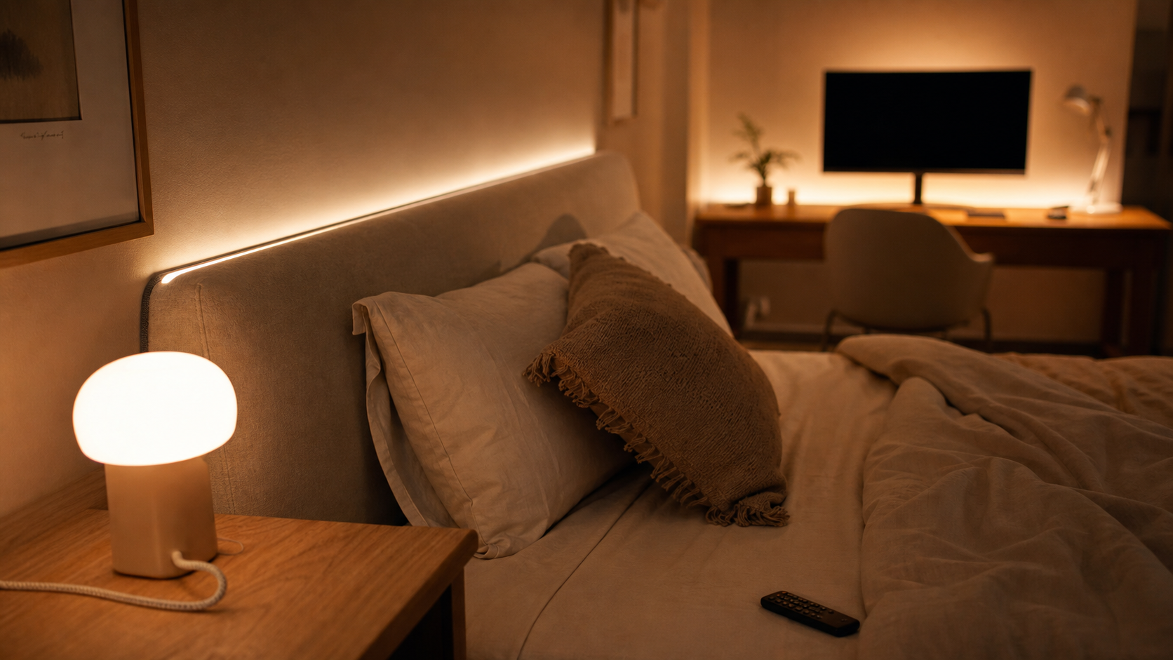 LED déco chambre : ruban blanc chaud discret sur tête de lit, lumière indirecte