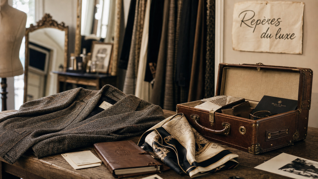 Marques de luxe francaise : accessoires Chanel, Hermès, Louis Vuitton et Dior en cuir et soie
