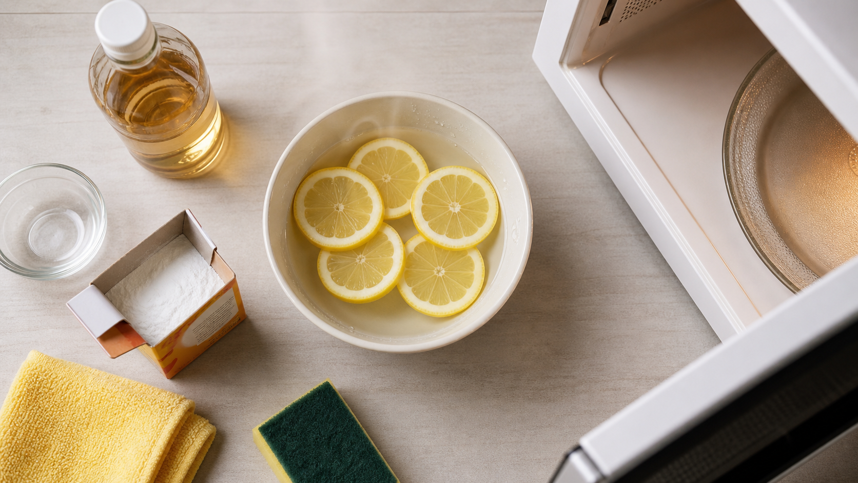 Nettoyage micro onde : vapeur citron ou vinaigre blanc, microfibre et éponge