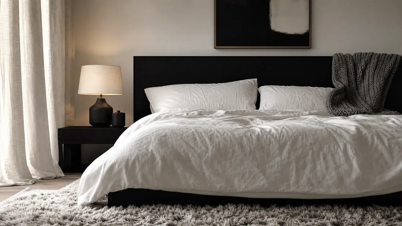 noir et blanc chambre : lit et rideaux, ambiance apaisante
