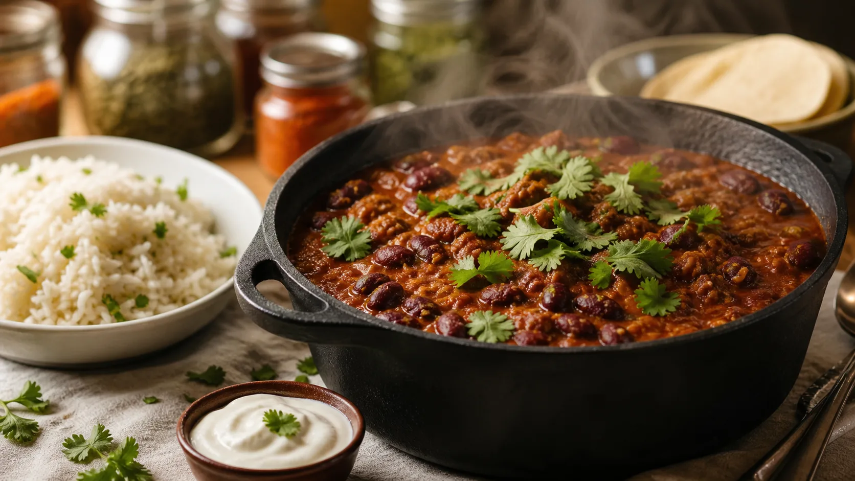 Plat unique pour 12 personnes : chili con carne en cocotte fumante