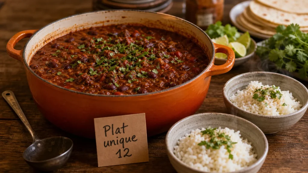 Plat unique pour 12 personnes : chili con carne en grande cocotte en fonte