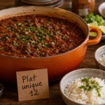 Plat unique pour 12 personnes : chili con carne en grande cocotte en fonte