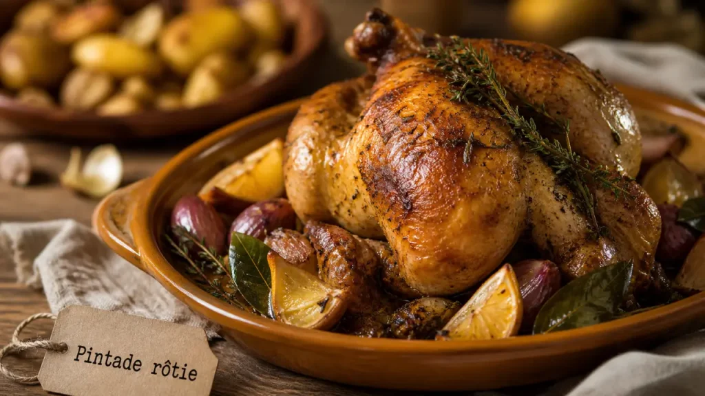 Recette de pintade rôtie : peau dorée, herbes et citron au four 180°C