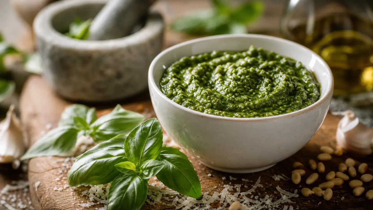 Recette pour pesto basilic maison : pesto vert, basilic et huile d’olive