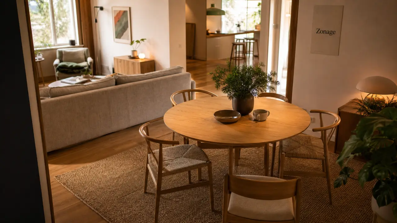 Salle à manger et salon dans la même pièce : circulation et séparation, tapis et table ronde