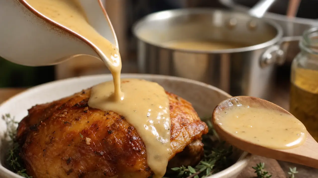 Sauce accompagnement pour poulet onctueuse avec poulet rôti, saucière crème