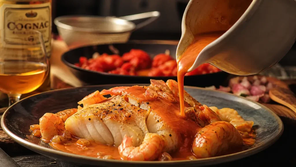 Sauce armoricaine recette : nappage rouge-orangé sur cabillaud et crevettes, fumet réduit et flambage