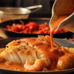 Sauce armoricaine recette : nappage rouge-orangé sur cabillaud et crevettes, fumet réduit et flambage