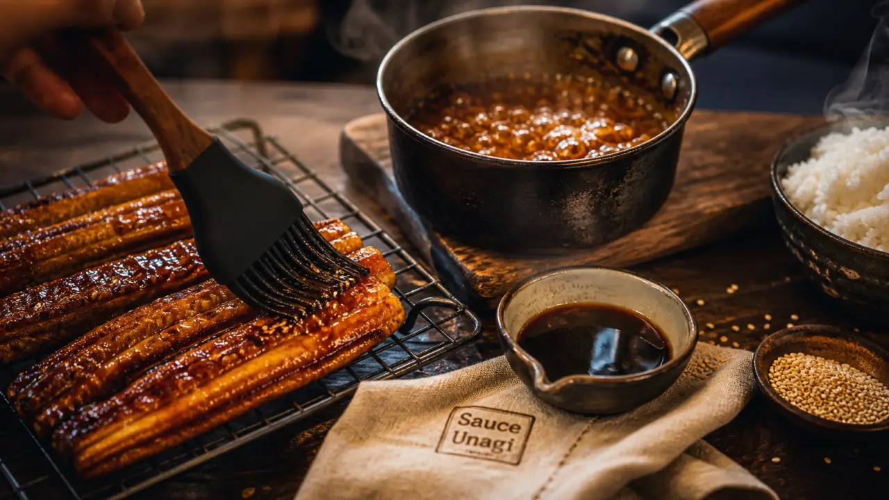 Sauce unagi recette maison brillante en réduction, anguille grillée badigeonnée