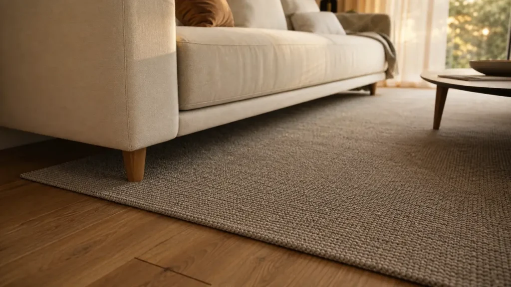 Tapis dans salon sous le canapé en laine greige