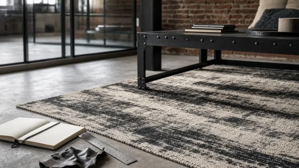 Tapis style industriel XXL noir et ivoire sous table métal, brique apparente
