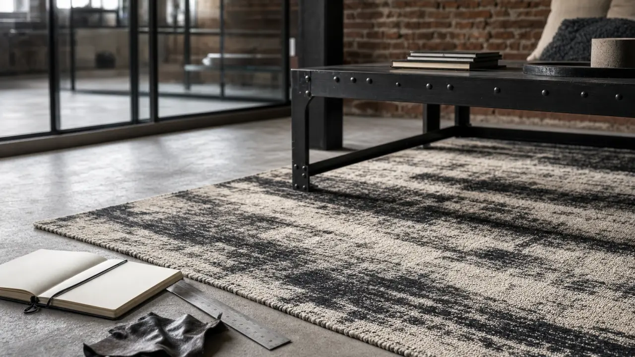 Tapis style industriel XXL noir et ivoire sous table métal, brique apparente