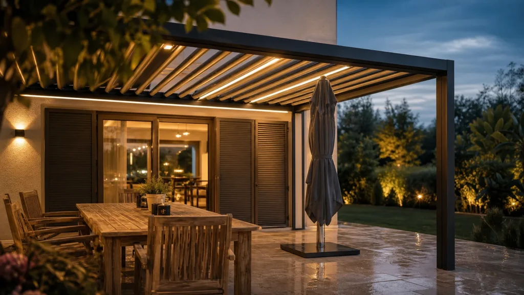 Terrasse couverte maison avec pergola adossée, pluie et ombre