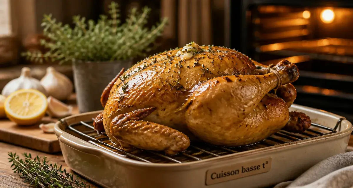 Cuisson poulet basse température : poulet rôti peau croustillante, chair fondante