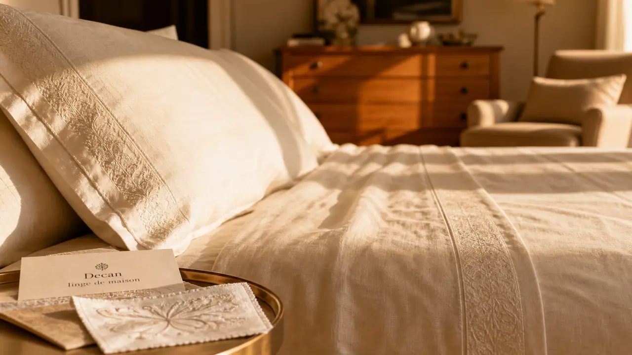 Decan linge de maison : ensemble coton haut de gamme en chambre, finitions et étiquette