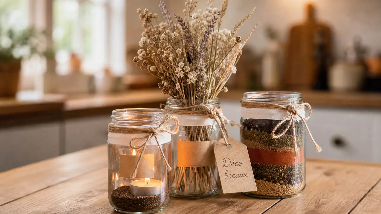 Déco bocaux sur table de cuisine : bocaux en verre et étiquettes