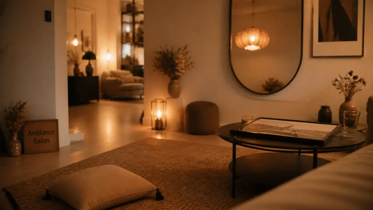 Décoration intérieure BUT : tapis, luminaires et miroir pour salon chaleureux