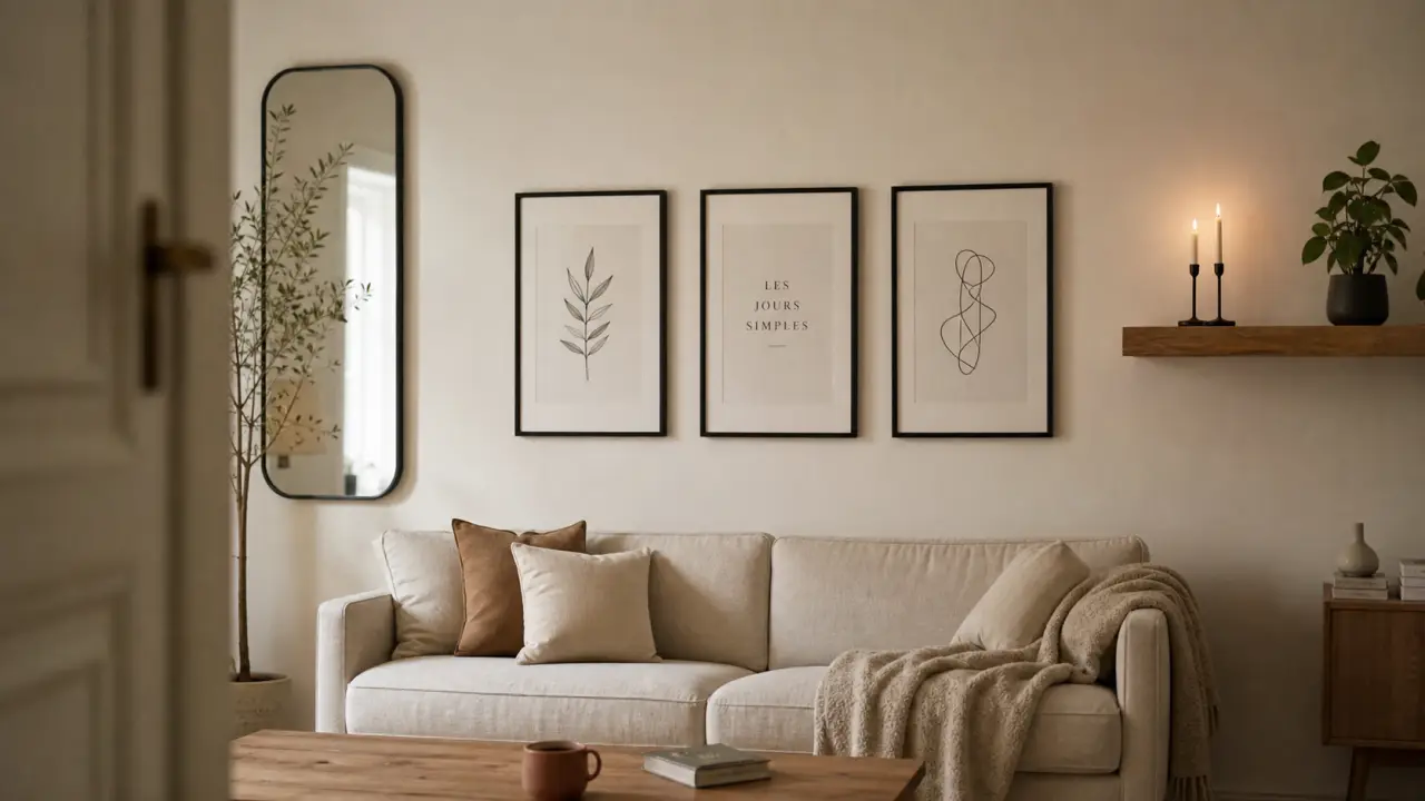Décorer mur blanc : cadres et miroir dans un salon minimaliste