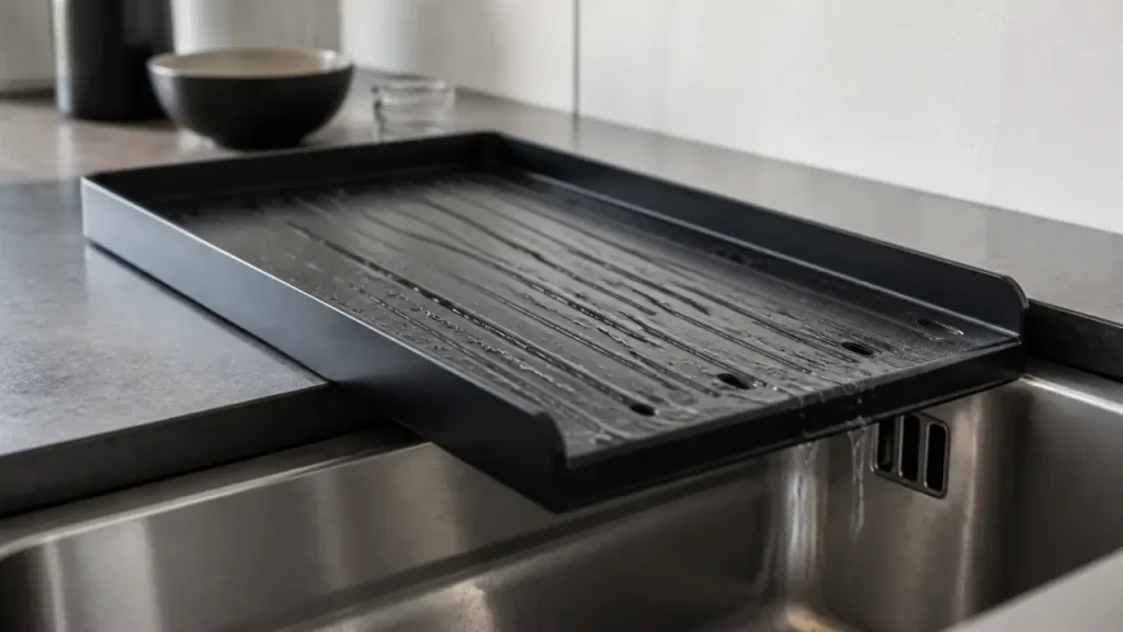 Egouttoir vaisselle design noir en métal, évacuation efficace, pas de flaque