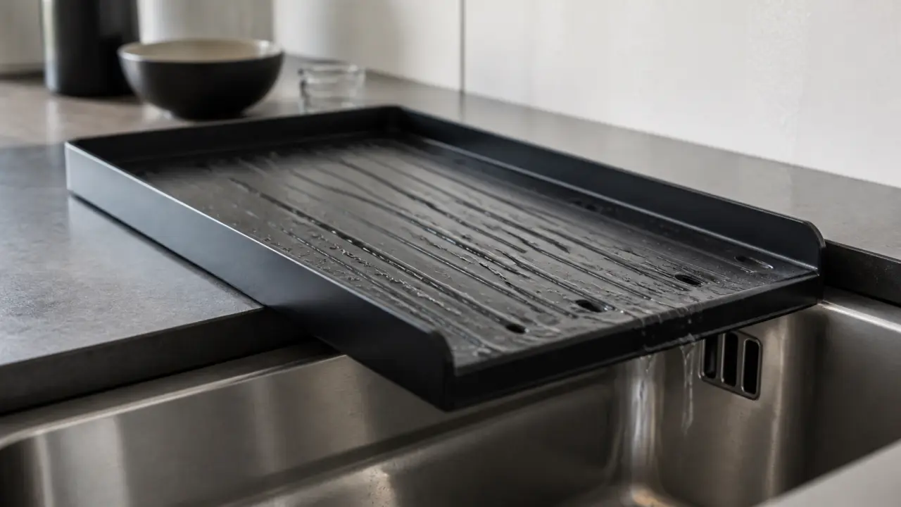 Egouttoir vaisselle design noir en métal, évacuation efficace, pas de flaque