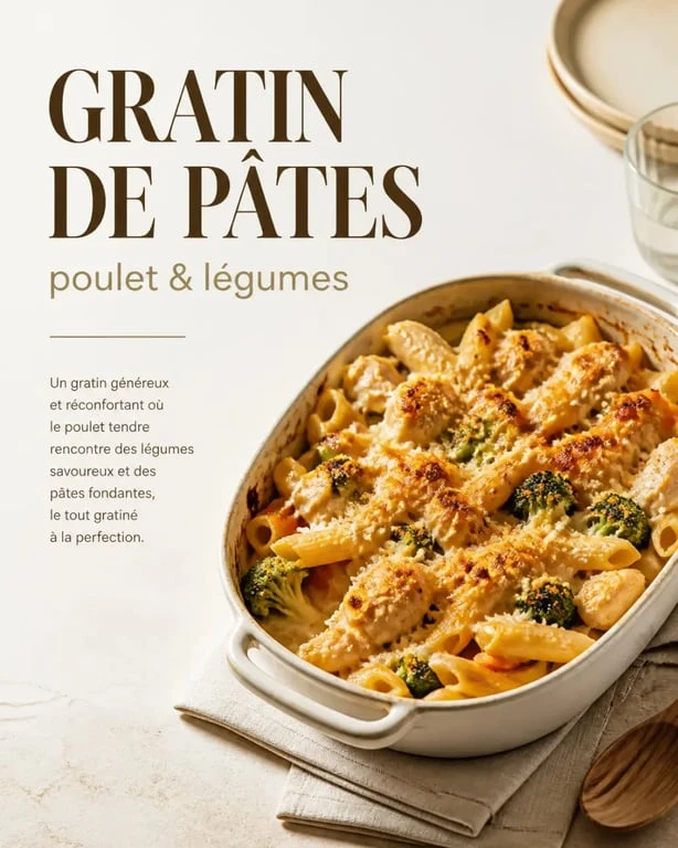 Meilleures recettes de cuisine : gratin de pâtes au poulet et légumes doré et appétissant
