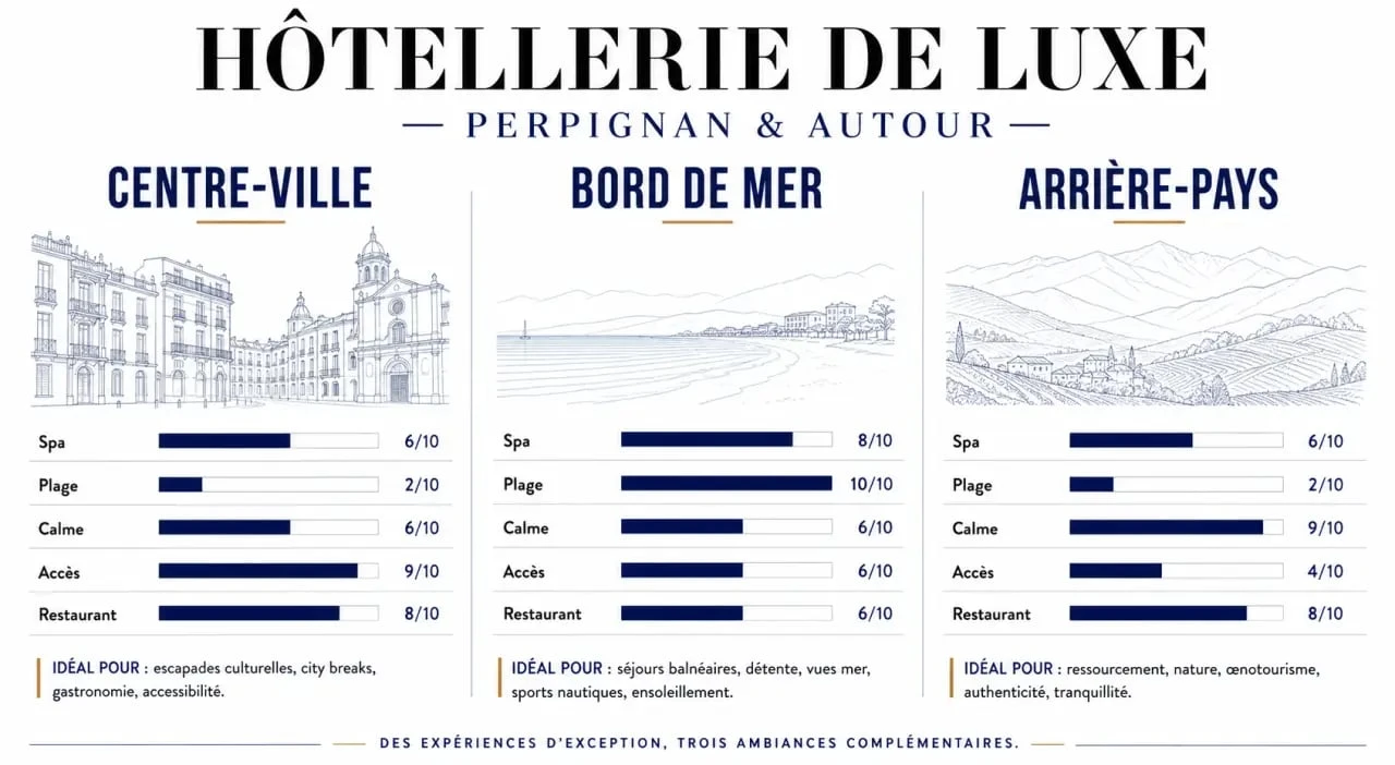 Hôtel perpignan luxe : comparaison visuelle entre centre-ville, bord de mer et arrière-pays