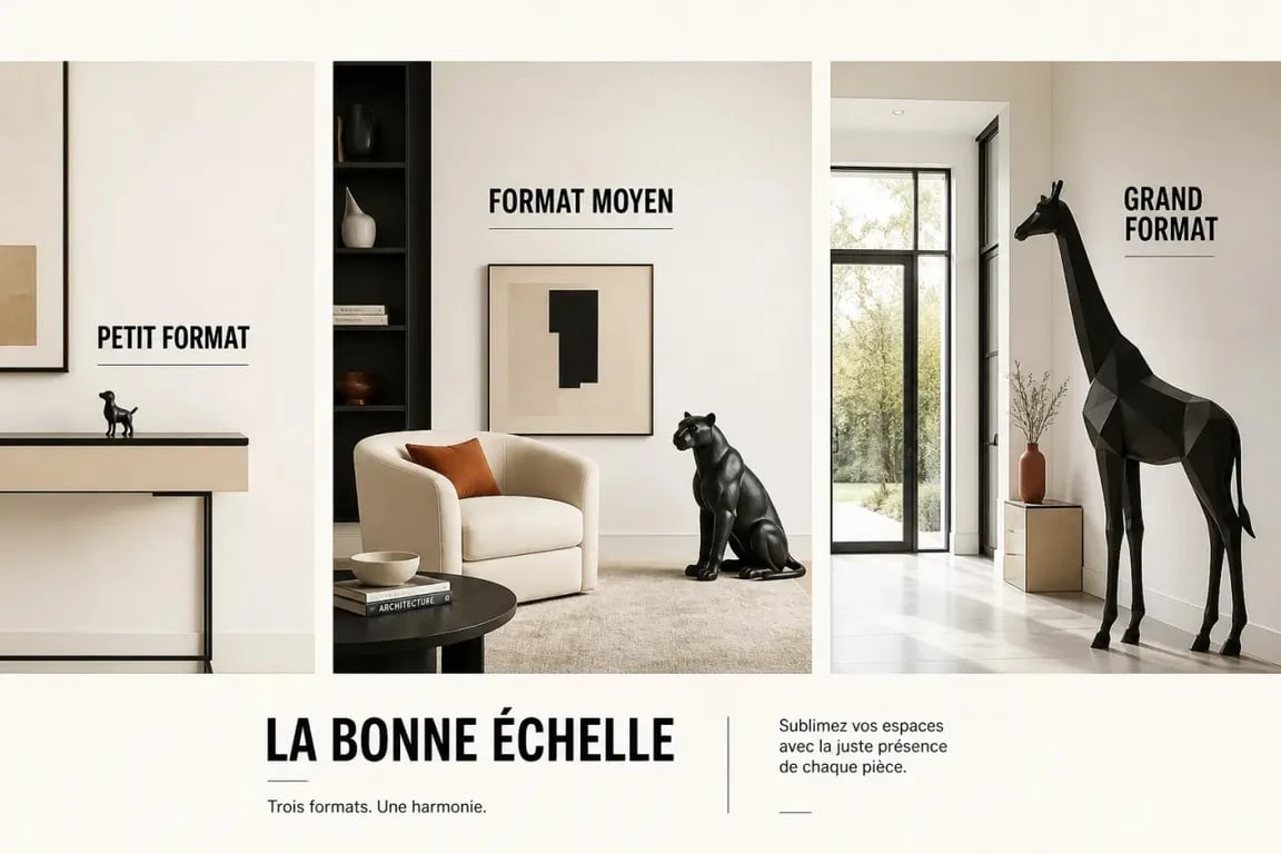 Animaux décoration intérieure : mise en scène de figurines, statues et grands formats dans un salon et une entrée