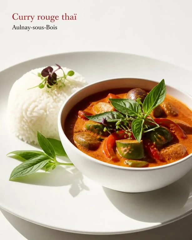 Thai Heritage restaurant gastronomique : curry rouge thaï et riz jasmin en photo éditoriale