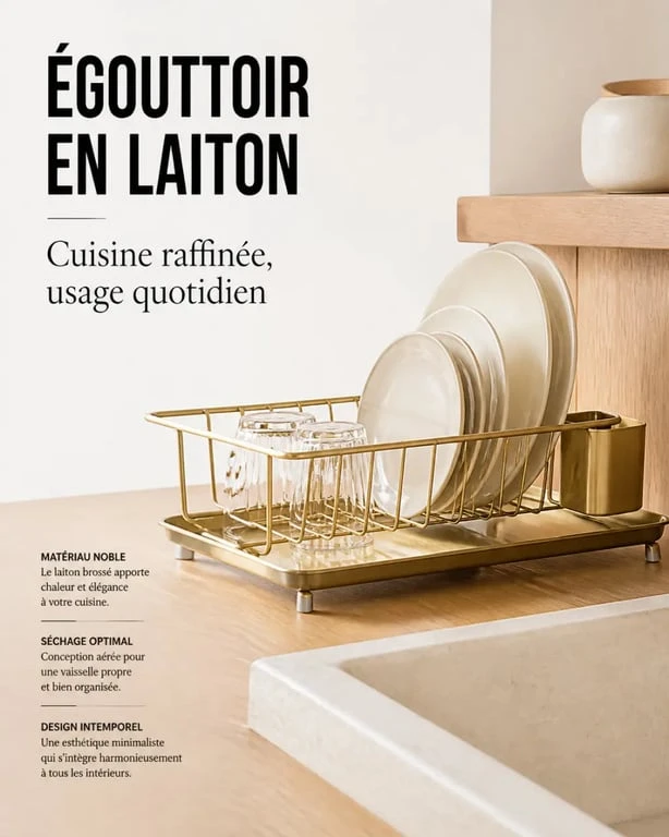 Égouttoir vaisselle design doré dans une cuisine chaleureuse et raffinée