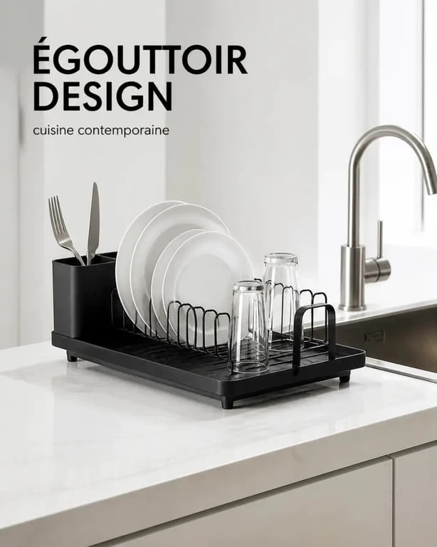 Égouttoir vaisselle design noir intégré à une cuisine contemporaine lumineuse
