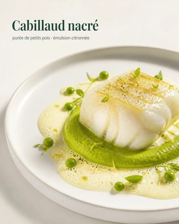 Recette de chef : cabillaud nacré, purée de petits pois et émulsion citronnée dans une assiette dressée