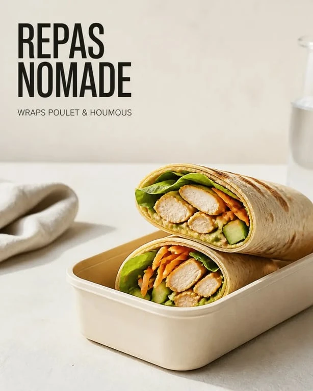 Recettes de cuisine style routier : wraps nomades au poulet, houmous et légumes croquants