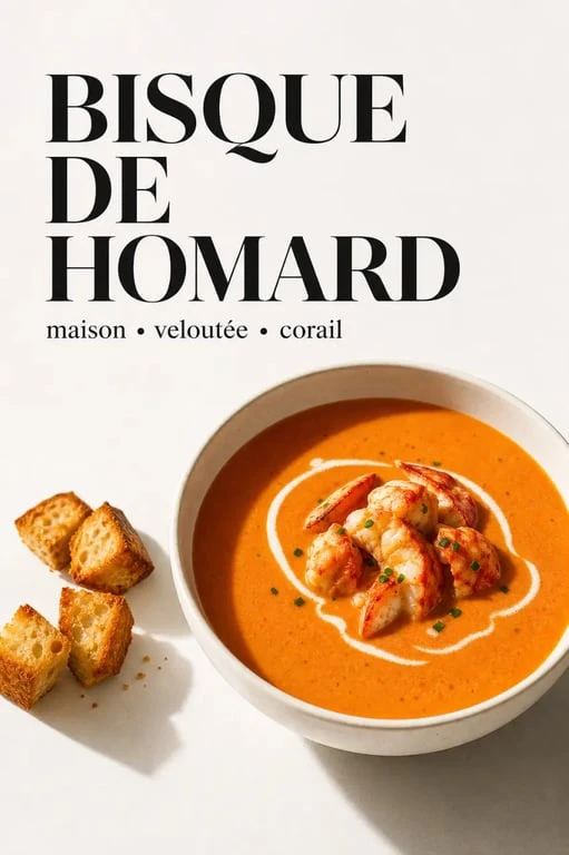 Recette bisque de homard maison servie en bol, texture veloutée et garniture de homard
