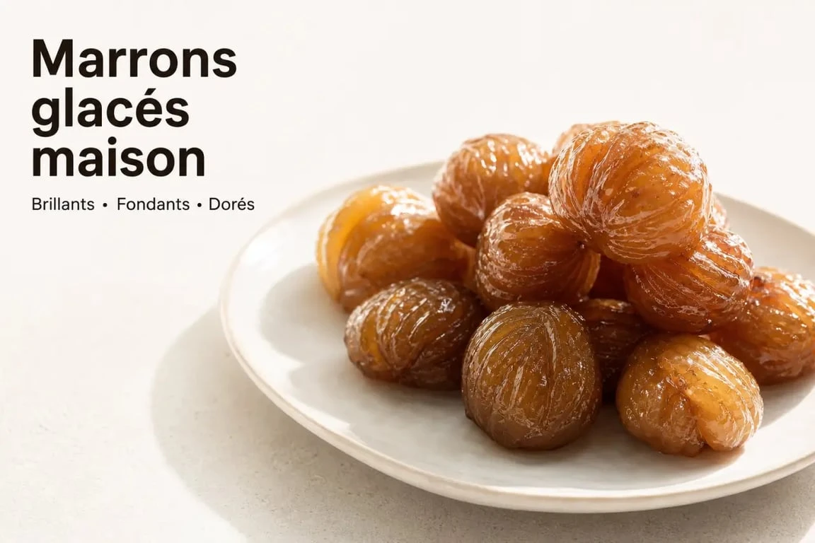 Recette des marrons glacés maison brillants et fondants sur une assiette blanche