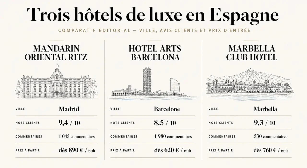 Hôtel de luxe en Espagne : comparaison visuelle de trois adresses à Málaga, Marbella et Soria