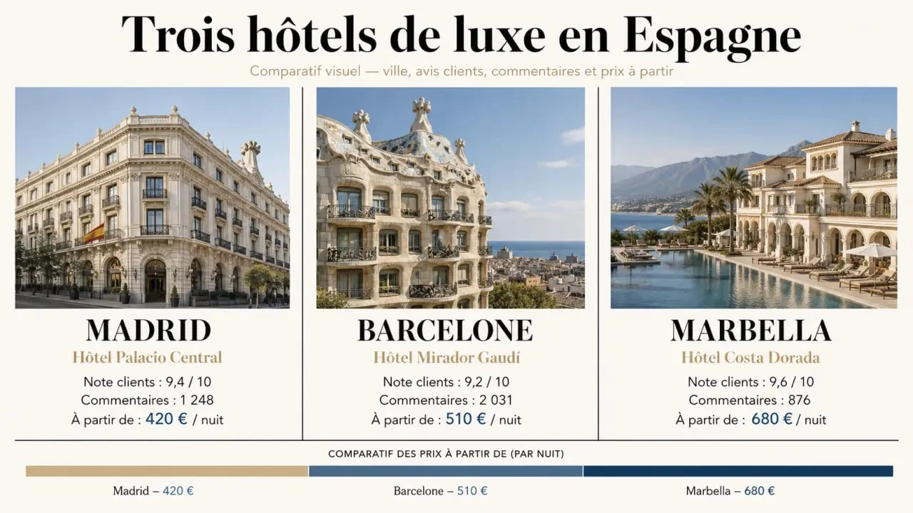 Hôtel de luxe en Espagne : comparaison visuelle de trois adresses à Málaga, Marbella et Soria